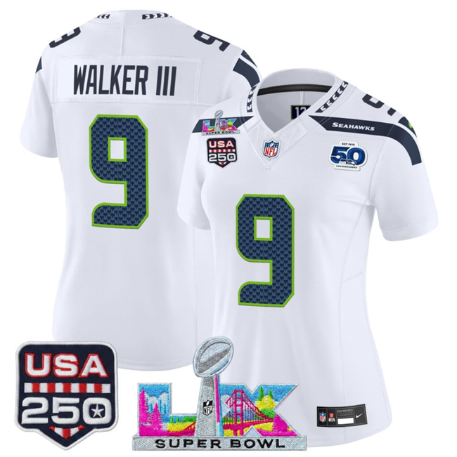 Women's Seattle Seahawks #9 Kenneth Walker III White 2025 F.U.S.E. Super Bowl LX Patch And 50th Season & USA 250' Patch Vapor Limited Football Stitched Jersey(Run Small)